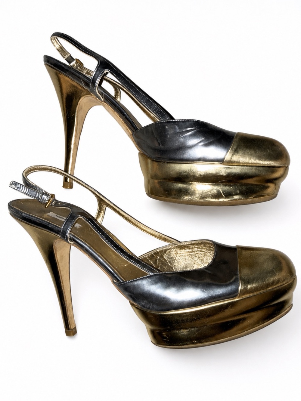 Miu Miu Vintage Y2K Silver Gold Leather Platform Slingback Heels EU 41